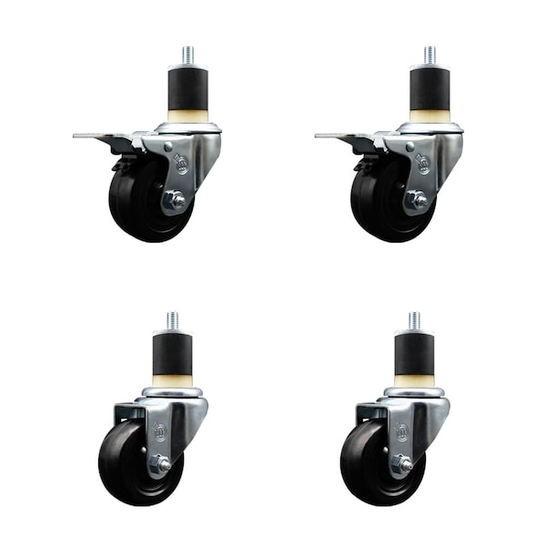 3'' Hard Rubber Swivel 1-7/8'' Expand Stem Caster Set 2 Total Lock Brakes, 4PK